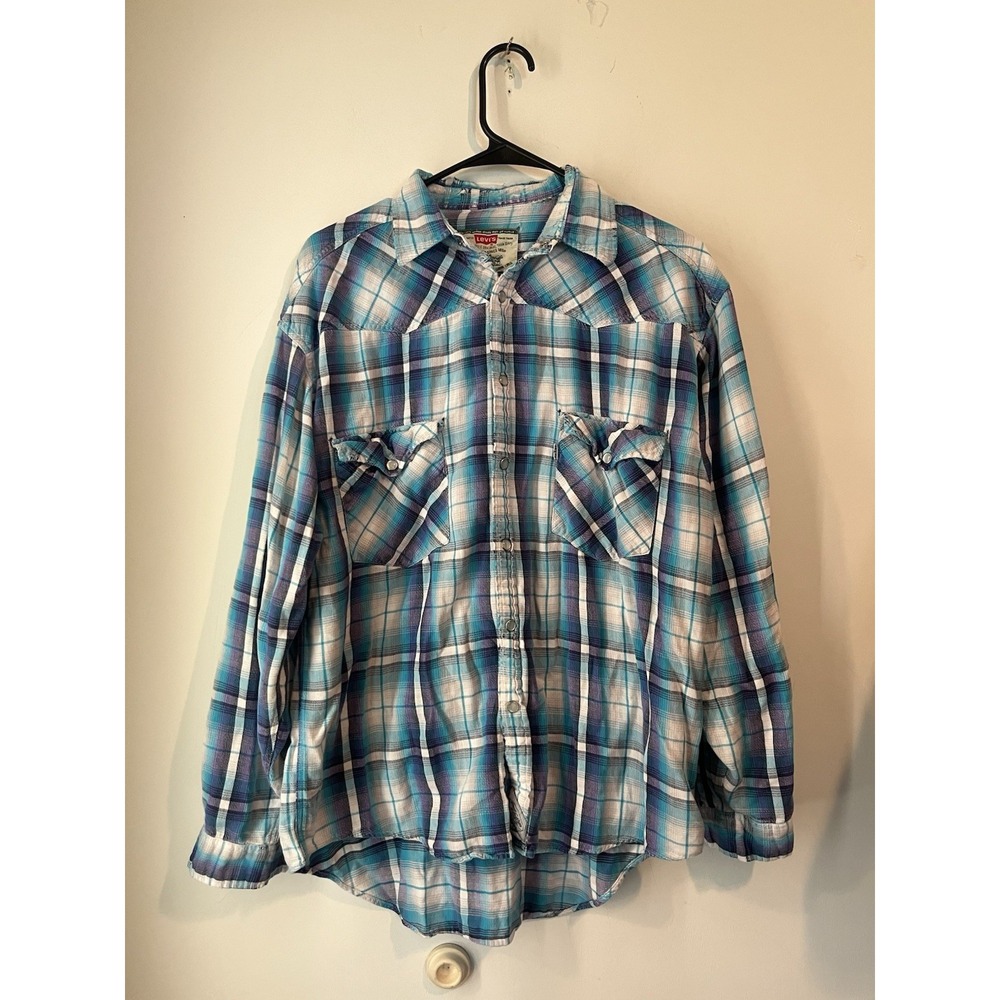Levis Vintage 90s Y2k Distressed Plaid Pearl Snap Button Down Womans Large Blue